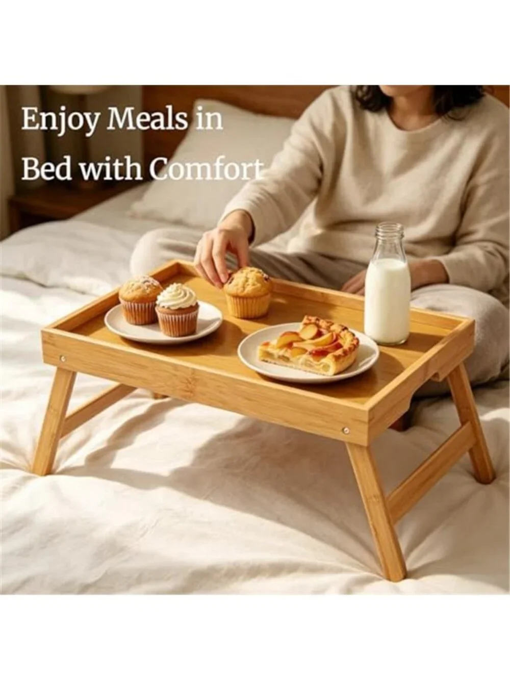 2 Pack Bamboo Bed Tray Table with Folding Legs,Breakfast Trays,Serving Tray